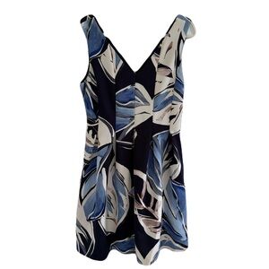 Vince Camuto Navy and Cream V-Neck Printed Dress
